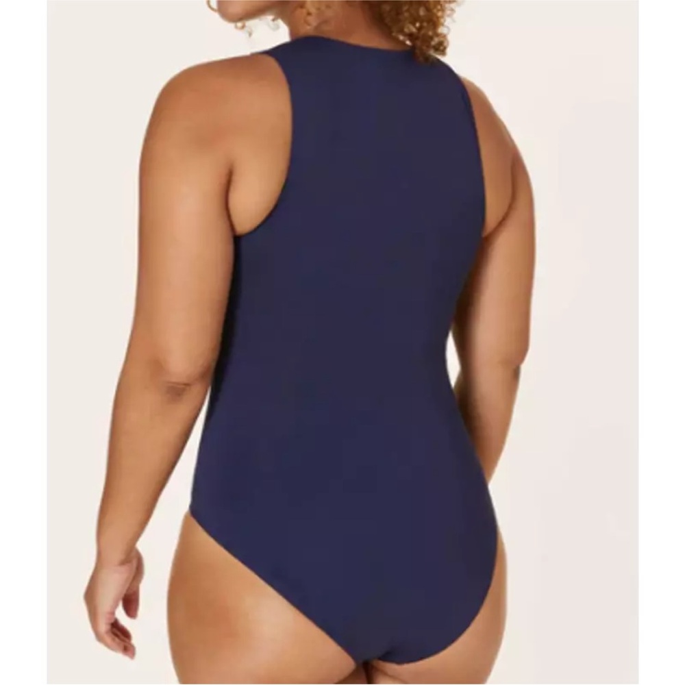 Andie the Malibu onepiece swimsuit navy snap button neck medium bottom coverage - Picture 3 of 7
